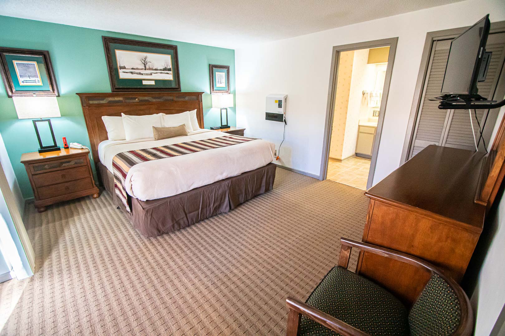 A spacious master bedroom at VRI's Fox Run Resort in North Carolina.